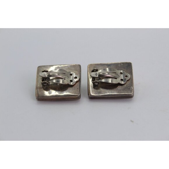 Taxco Sterling Silver Earrings, Green Stone Cabochons, Modernish Square, Clip On - Picture 8 of 11